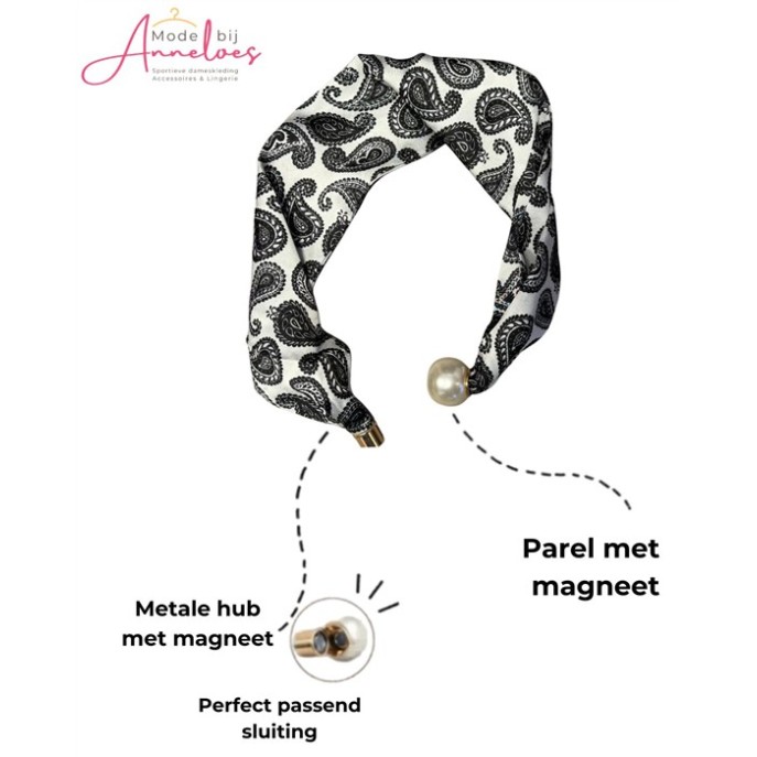 Dames Halssjaal zwart wit paisley print 541 korte sjaal met parel Dames Halssjaal zwart wit paisley print 541 korte sjaal met parel